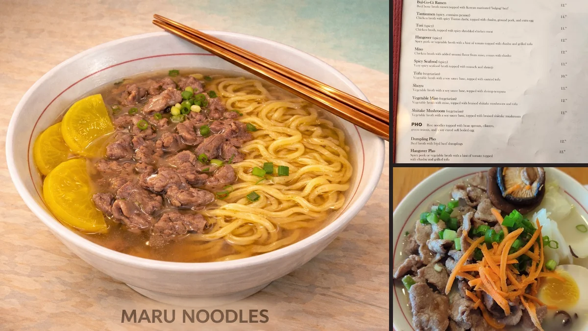 Small plates and noodle dishes in a relaxed dining room.