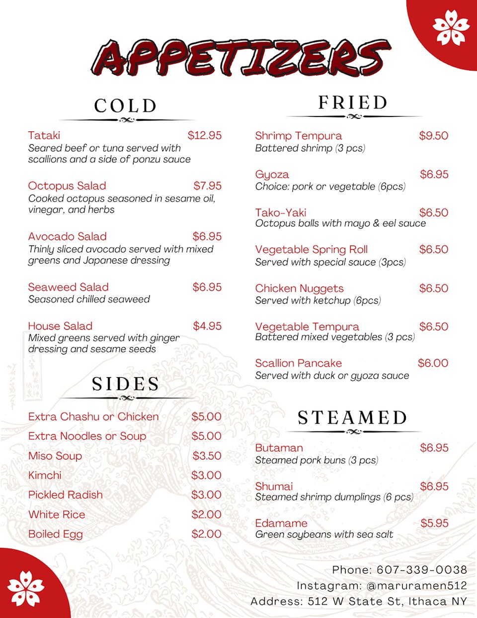 Menu page featuring ramen, soups, and dumplings.